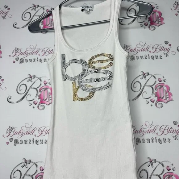 Bebe White Tank Top bling rhinestone diamonds Gold and Silver Logo OG - Picture 4 of 8